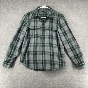 Madewell 1/2 Zip Flannel Shirt Women Size Small Green Plaid Casual Winter